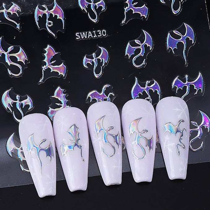 Dragon Nail Art Stickers 3D Metallic Flying Devil Bat Halloween Nail Decals 6PCS Golden Silvery Holographic Y2k Dragon Nail Stickers Sweet Punk Style DIY Halloween Nail Art Salon Decorations Supplies