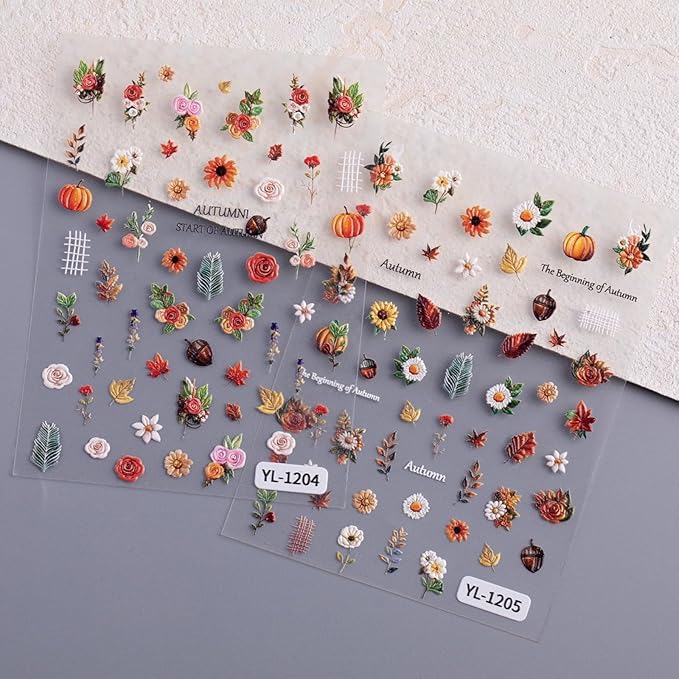 Fall Nail Art Stickers Decals 5D Embossed Maple Leaf Nail Decals Autumn Nails Stickers Pumpkin Colorful Flower Pine Cones Autumn Nail Supplies for Women Thanksgiving Day Acrylic Manicure Decoration