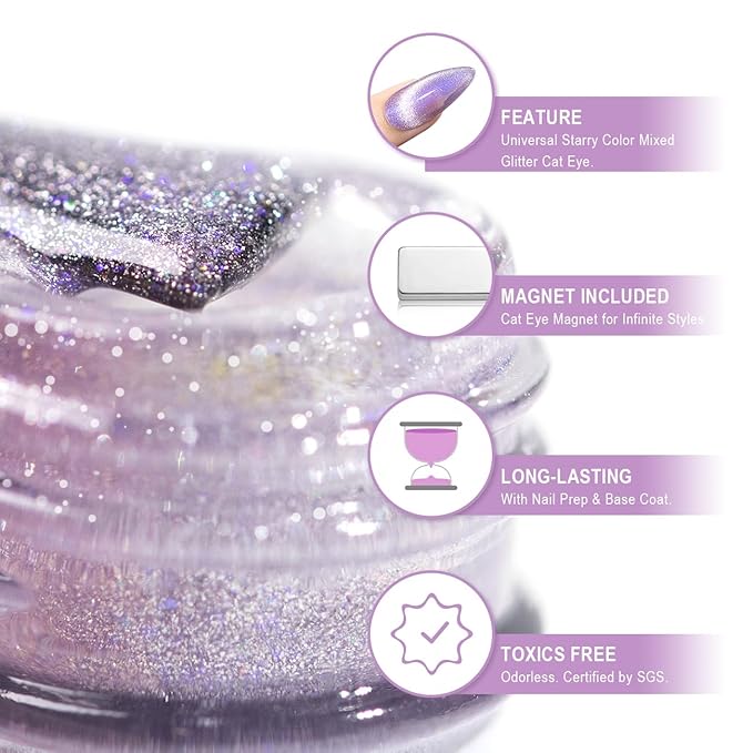 RARJSM Cat Eye Gel Nail Polish Aurora Violet Purple Velvet Silver Glitter Universal Galaxy Shimmer Ice Gel Polish with Magnet Stick Single Bottle 15ml LED UV Curing Requires Soak Off Salon Home