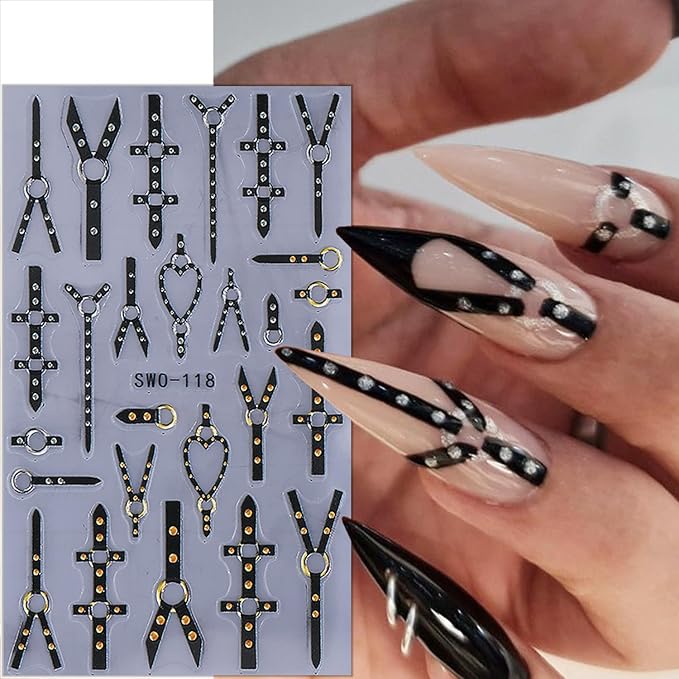 2 Sheets Gothic Nail Stickers for Nail Art Black Punk Belt Nail Design Decals Embossed Gold Silver Rivet Belt Nail Art Stickers 5D Self-Adhesive Halloween Nail Decals for Women DIY Manicure Supplies