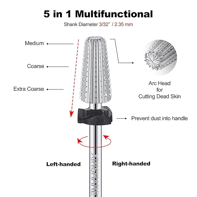 5 in 1 Nail Drill Bit 3/32" Tungsten Carbide Multifunctional Nail Bits Professional Fast Removing Acrylic Hard Gels Cuticle Nail Efile Bit for Nail Drill Machine Extra Coarse(XC)
