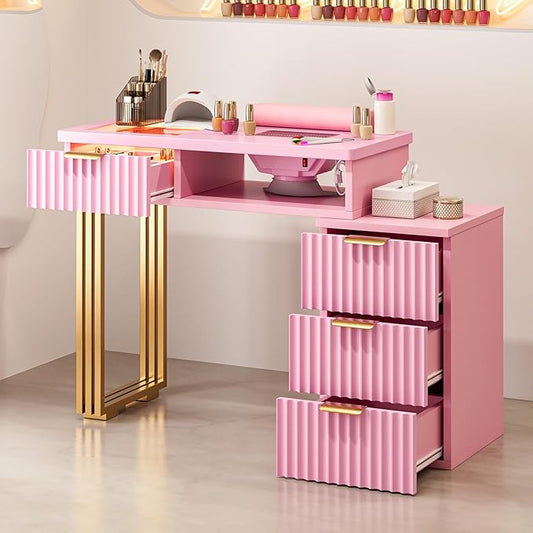 Manicure Table for Nail Tech with Dust Collector, Nail Station Desk w/4 Drawers & LED Lights, Acetone Resistant Beauty Salon Workstation w/Wrist Cushion (Pink)