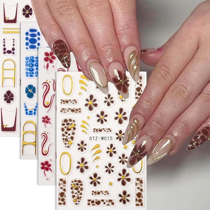 4 Sheets Flower Nail Art Stickers Decals Red Brown Blue Flowers Nail Stickers 3D Embossed Self-Adhesive French Tip Gold Line Nail Decals for Women