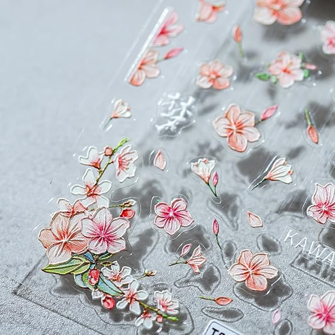 Flower Nail Art Stickers Decals Peach Flowers Nail Stickers 1PCS Pink Blossom Floral Leaf Spring Nails Design 5D Embossed Nail Decals Self-Adhesive Flower Stickers for Nails Women Manicure Decorations