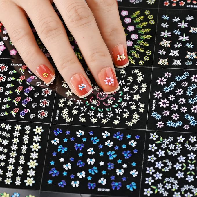30 Sheets Flower Nail Art Stickers Decals Colorful Flower Nail Stickers 3D Self Adhesive Cute Daisy Floral Nail Decals Heart Nail Supplies Nail Art Design Decoration Accessories for Women and Girls