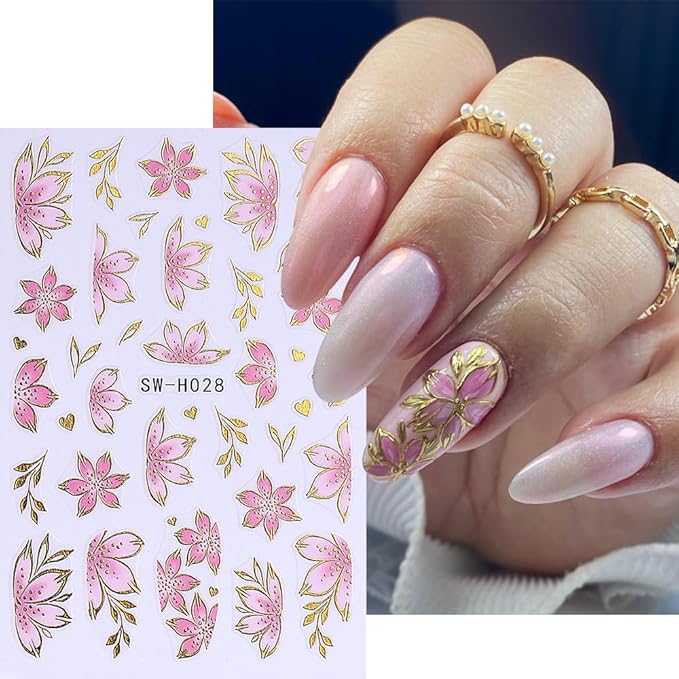 Flower Nail Art Stickers Decals 3D Pink Flower Nail Stickers Self-Adhesive Summer Nail Art Decorations Supplies 6PCS Bronzing Gold Edge Pink Purple Floral Petal Nail Decals Manicure Sliders for Women