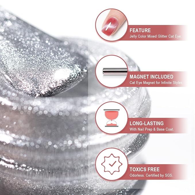 RARJSM Cat Eye Gel Nail Polish Nude Red 9D Cateye Galaxy Universal Glitter Shimmer Velvet Ice Gel Polish 15ml Single Bottle with Magnetic Stick UV LED Curing Requires Soak Off Home Salon DIY Manicure