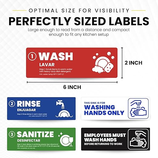 [Enhanced] Wash Rinse Sanitize Sink Labels, Hand Wash Only, and Employee Must Wash Hands | 3 Compartment Sink Stickers | Training Labels for Dishwashing | Food Service Operators (1 Set: 6 x 2 in)