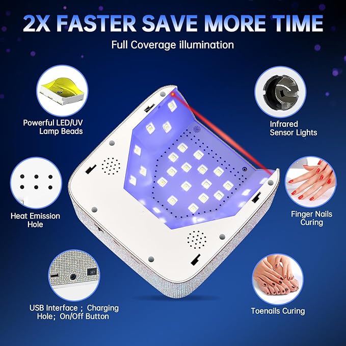 UV LED Nail Lamp 72W Rechargeable Sparkly Wireless Nail Dryer Gel Polish Light with 5 Timer Setting Professional Quick Dry Curing Lamp with Display Auto Sensor for Salon & Home