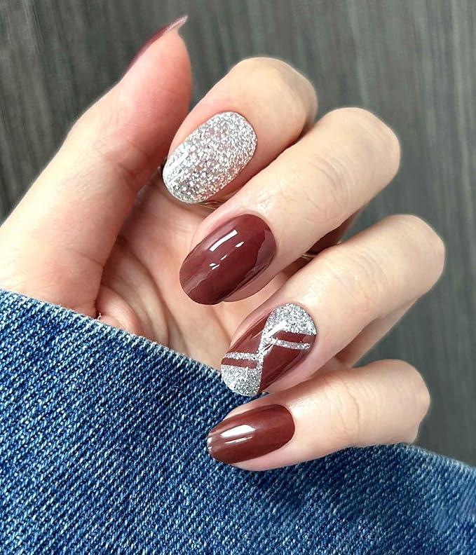 Nail Polish Strips - 22 Pcs Salon Quality Gel Nail Stickers - Long Lasting Wraps (Cherry Mocha Glitter)