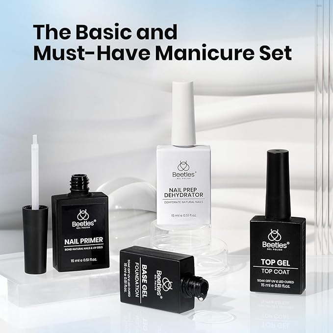 Beetles 4Pcs Gel Top Coat and Base Coat with Nail Dehydrator and Primer Set - Acid-Free & Hema-Free Nail Bond for Gel Polish & Acrylic Nails, Long-Lasting for Professional Manicure Prep Kit