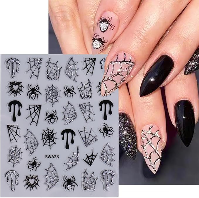 6 Sheets Spider 3D Self-Adhesive Gold Silver Red Web Star Design Decals for Women Halloween, Holiday & More: French Nail Art Supplies & Rhinestones Nail Art Charm