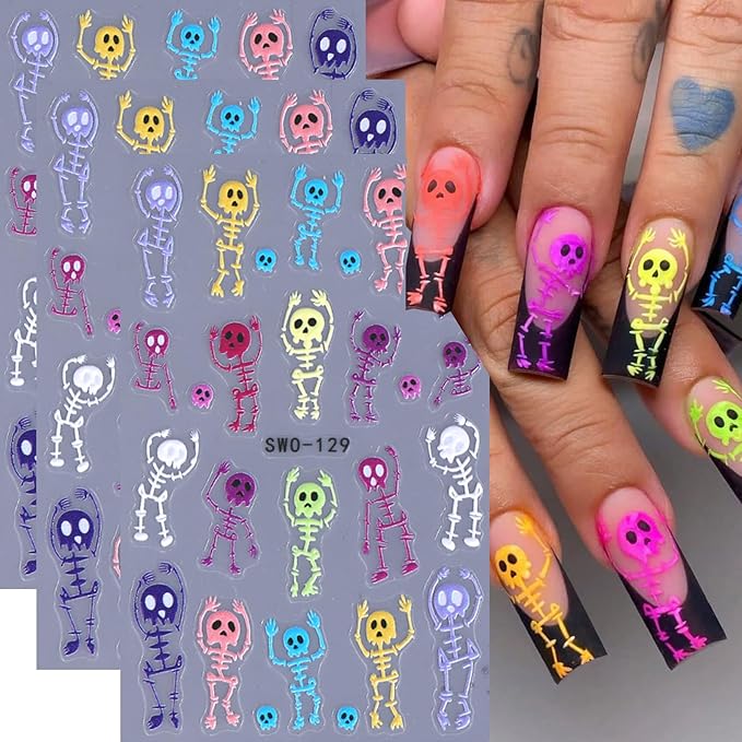 3 Sheets Halloween Skeleton Man Nail Art Stickers 5D Embossed Colorful Skull Nail Decals Funny Skeleton Bone Self-Adhesive Sliders Halloween Nail Art Supplies for Women Acrylic Nail Art Decorations
