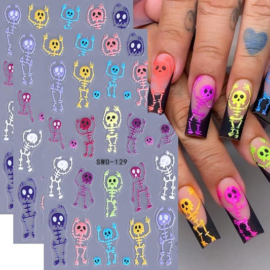 3 Sheets Halloween Skeleton Man Nail Art Stickers 5D Embossed Colorful Skull Nail Decals Funny Skeleton Bone Self-Adhesive Sliders Halloween Nail Art Supplies for Women Acrylic Nail Art Decorations