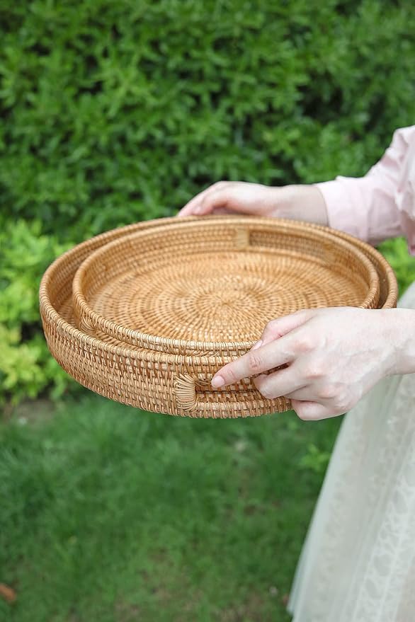 HITOMEN 14.2" Hand-Woven Round Rattan Serving Tray Decorative Ottoman Wicker - Image 4