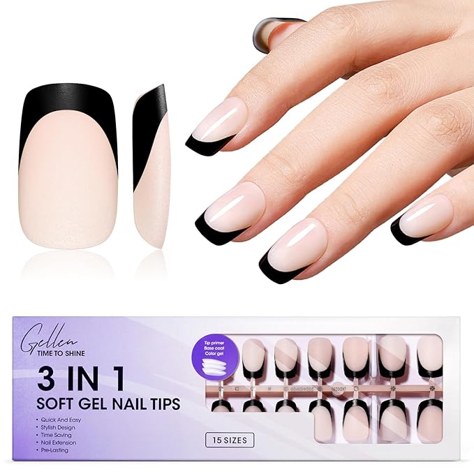 Gellen French Tip Press on Nails, Soft Medium Square French Gel Nails 150 Pcs, Classic Pink French Tip Nails, 3 in 1 No Need to File Natural Full Cover Tips 15 Sizes, Glue On Nails for Women Nails Art