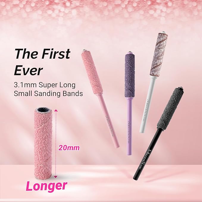 MelodySusie 50 Pcs Nail Drill Bits Super Long Small Sanding Bands with 3.1mm Crystal Mandrel Bit, 120 Medium Grit Nail File for Acrylic Nails Gel Manicures and Pedicure, Pink