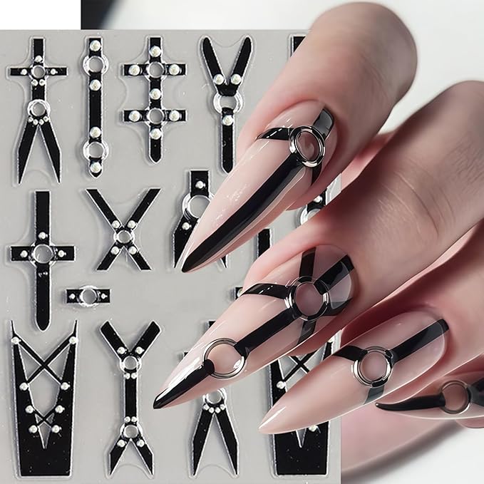 2 Sheets Black Punk Belt Nail Stickers Decals Y2K Relief Punk Nail Art Stickers 5D Embossed Leather Belt Nail Decals Black Silver Goth Belts Pink Bow Nails Design Nail Supplies for Women Manicure