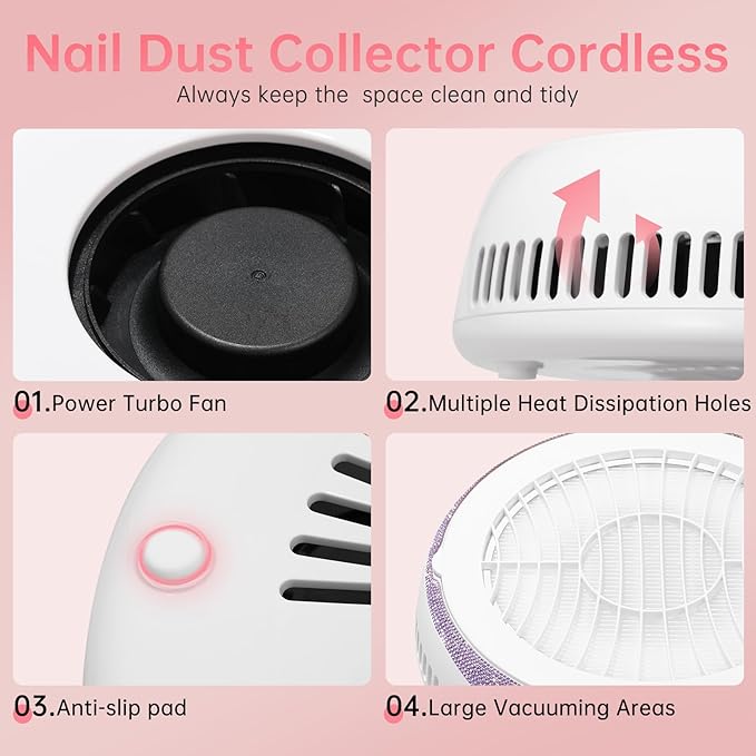 Nail Dust Collector, Cordless Dust Collector Nail Tech, Powerful Vacuum Fan Vent Dust Collector Extractor Dust Suction Machine for Acrylic Nails Polishing, Nail Salon&Home