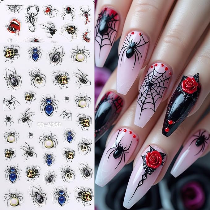 2Sheets Black Spider Nail Art Stickers 5D Embossed Spider Nail Decals with Gems Charms Designs Nail Stickers Self-Adhesive Centipede Spider Web Nail Decal for Women DIY Halloween Nails Decor Accessory