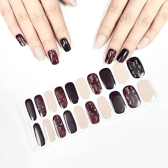 WOKOTO 1 Sheet Semi Cured Gel Nail Strips With Wood Stick, Nail File & Prepared Pads, 20 Tips Burgundy - Gold Glitter Semi Cured Nail Polish Strips, Harden With UV Light Gel Nail Wraps Stickers