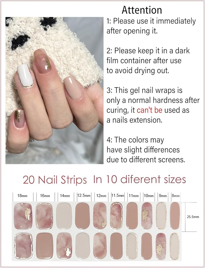 Semi Cured Gel Nail Strips, Brown Marble 20pcs Adhesive UV Sticker, Wraps for Home Manicure DIY