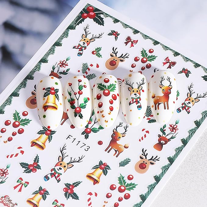 Christmas Nail Art Stickers Decals 3D Self-Adhesive Christmas Nail Stickers Nail Art Supplies 8PCS Elk Holly Santa Claus Green Leaf Snowy Tree Xmas Manicure Sliders for Winter Holiday Nail Decorations
