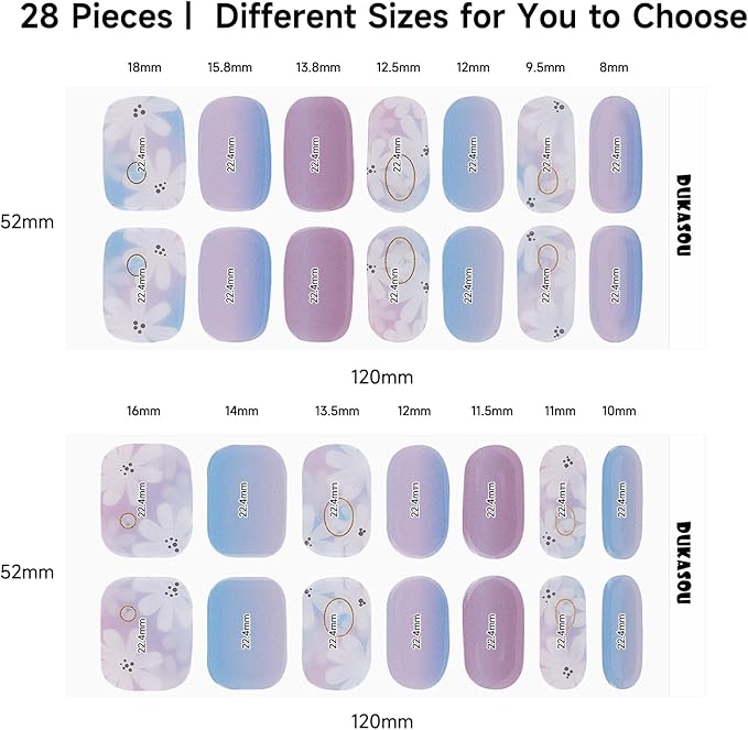 28pcs Semi Cured Gel Nail Strips, Gel Nail Stickers Kit Work with Any UV Lamps, Long Lasting Nails Wraps for Women, Easy to Use and Remove (Camellia Sea)