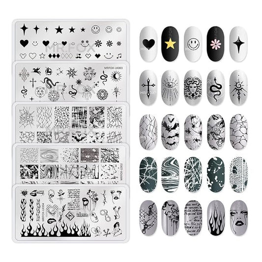 MRFOX 5 Pcs Nail Plates Stamping Set Marbled Punk Spider Web Heart Star Theme Leaf Nail Art DIY Stamping Template