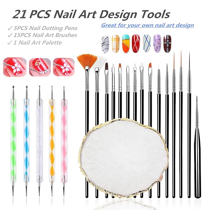 21Pcs Nail Art Design Tool Kits - 1 Resin Nail Art Palette, 5 Nail Art Dotting Pens, 15 Nail Art Brushes, Nail Polish Mixing Palette Double-Ended Dotting Pen Nail Liner Nail Drawing Brushes