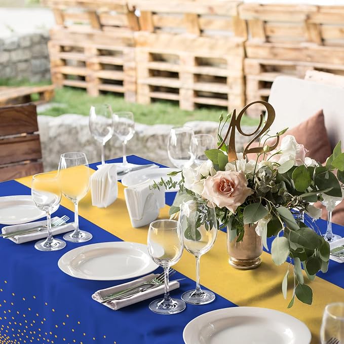 16Pack Disposable Plastic Tablecloths and Satin Table Runner Set Blue and Gold - Image 7