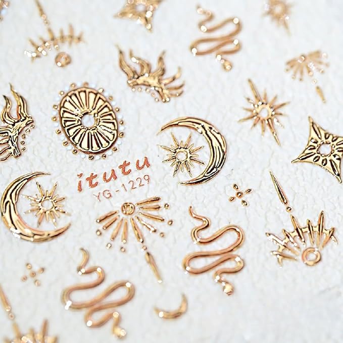 Gold Nail Art Sticker Decals Star Moon Nail Stickers Snake with Design Self Adhesive Nail Decals 5D Embossed with Design Bronzing Manicure DIY Supply Decoration Accessories for Women