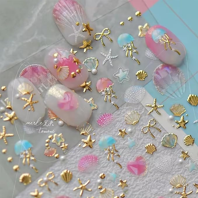 1 Sheets Summer Beach Nail Stickers for Nail Art 5D Embossed Nail Decals Shiny Silver Star Bow Seashell Starfish Design Ocean Theme Nail Art Stickers Summer Nails Sticker for Women Manicure Decoration