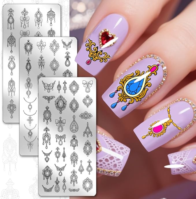 PH PandaHall 3pcs Jewelry Pendant Nail Art Stamping Plate Diamonds Bows Nail Stamper Vintage Jewelry Print Nails Stencils Stainless Steel Nails Image Plates for Manicures Arts Design Salon Printing