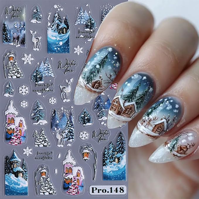 4 Sheets Christmas Nail Art Stickers Snowman Nail Decals with Cartoon Elk Bow Snowflakes Design 3D Self-Adhesive Nail Stickers Acrylic Nail Supplies for Women DIY Christmas Decorations