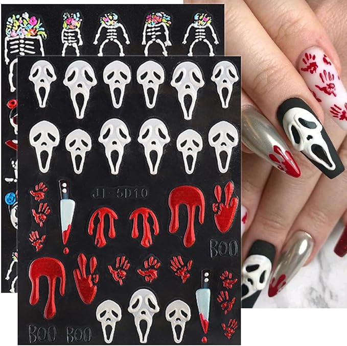 8Sheets Halloween Nail Stickers for Nail Art 5D Embossed Skull Ghost Nail Decals Self-Adhesive Pumpkin Spider Bat Eyes Skeleton Designs Horror Goth Nail Art Stickers for Women DIY Manicure Decoration