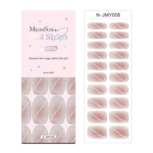 MelodySusie Semi Cured Gel Nail Strips (Blush Cat Eye)- Works with Nail lamp, Salon-Quality, Long Lasting, Easy to Apply & Remove - Includes 20Pcs, 2 Prep Pads, Nail File & Wooden Stick