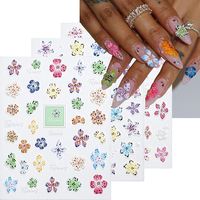 6 Sheets 5D Embossed Nail Art Stickers Colour Hibiscus Nail Decals Self-Adhesive Cute Floral Nail Decor Hawaiian Hibiscuss Flower Nail Design Stickers Summer Nails Supply for Women DIY Manicure