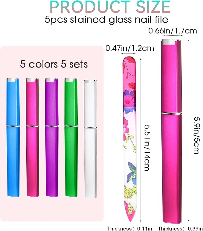 5 Pack Glass Nail File with Case Crystal Nail File Buffers Mixed Color Double Sided Glass Fingernail Files Cuticle Pusher Manicure Set for Women