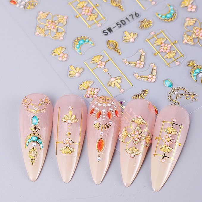 2 Sheets 5D Embossed Star Moon Nail Art Stickers Sun Rhinestones Nail Stickers Designs Nail Decals Supplies Self Adhesive Nails Sticker for Women DIY Acrylic Nail Accessories