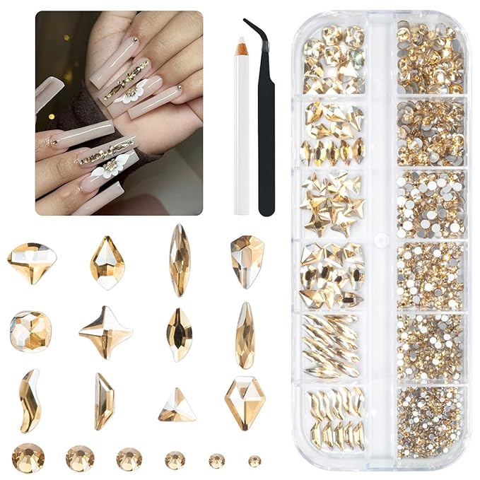 2052Pcs Champagne Gold Nail Rhinestones 72 Multi Shapes Golden Rhinestones for Nails Flatback Nail Gems +1980 K9 Glass Round Beads Stones Diamonds Nail Charms Art for Nails Faces Eyes Crafts