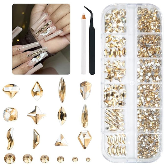 2052Pcs Champagne Gold Nail Rhinestones 72 Multi Shapes Golden Rhinestones for Nails Flatback Nail Gems +1980 K9 Glass Round Beads Stones Diamonds Nail Charms Art for Nails Faces Eyes Crafts