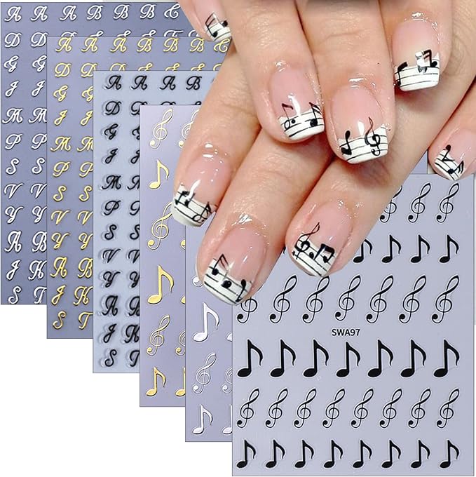6Pcs Music Note Nail Art Stickers 3D Retro English Letters Nail Stickers Self Adhesive Gold Silver Black Old Alphabet Music Note Pattern Design Nails Decals English Manicure Decoration for Women Girls