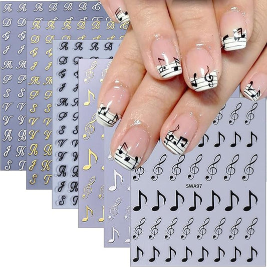 6Pcs Music Note Nail Art Stickers 3D Retro English Letters Nail Stickers Self Adhesive Gold Silver Black Old Alphabet Music Note Pattern Design Nails Decals English Manicure Decoration for Women Girls