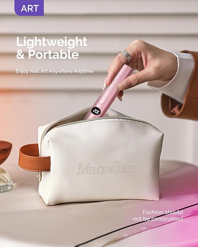 MelodySusie Handheld UV Light, ART01G Mini Portable Cordless Nail Lamp with LCD Display, Optical Lens, Acetone Resistant Case, Flash Cure for Rhinestone Glue, Pink