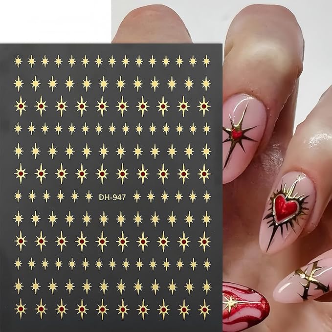 5 Sheets Star Nail Art Stickers 3D Self-Adhesive Gold Stars Starlight Nail Stickers with Red Rhinestones Design Nail Decals Star Moon Nails Sticker for Women Daily DIY Manicure Decoration