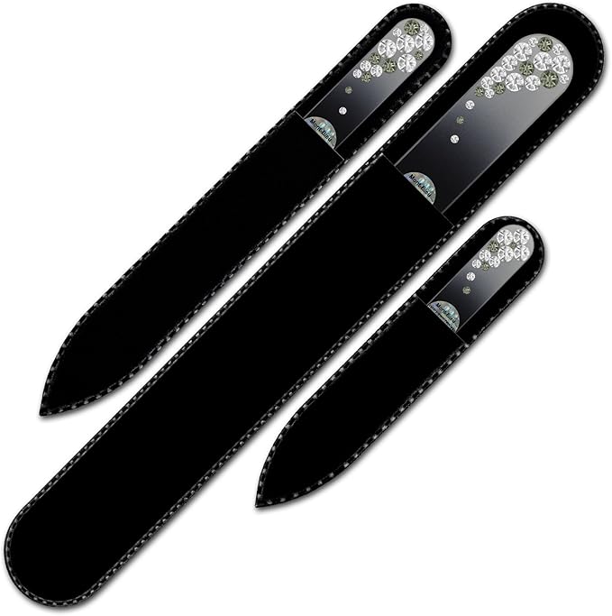 Mont Bleu Set of 3 Glass Nail Files Hand Decorated with Crystals - Handmade Gifts - Czech Tempered Glass - Crystal Nail Files for Natural Nails - Premium Nail Filer Kit