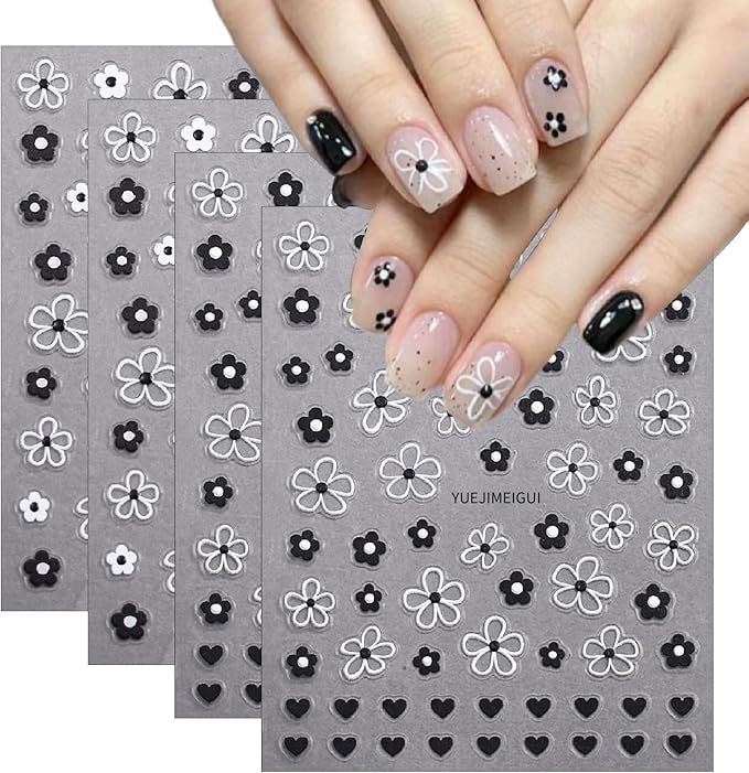 4 Sheets Embossed Flower Nail Art Stickers Flower Nail Decals 5D Self Adhesive Black and White Floral Nails Design Stickers Jelly Nail Supplies for Women and Girls Acrylic Manicure Decoration