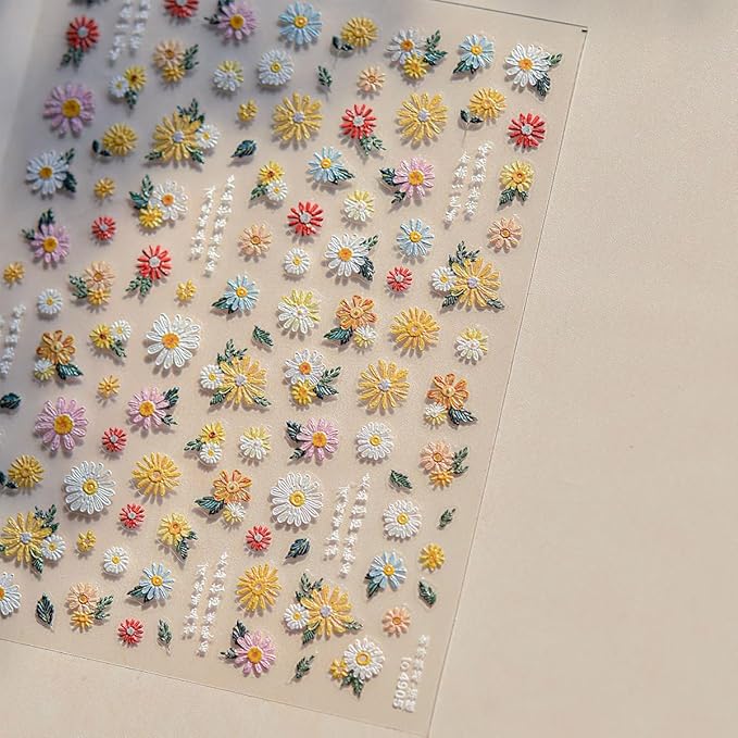 Flower Nail Stickers 5D Embossed Nail Art Stickers White Daisy Floral Self-Adhesive Nail Decals Spring Summer Nails Design Manicure Sliders for Women Girls Nails Art Decoration