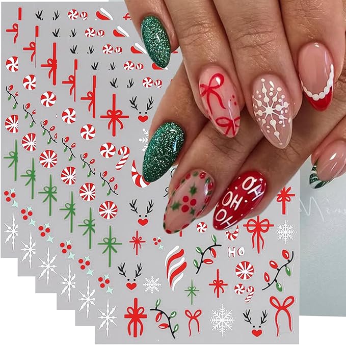 Christmas Nail Stickers for Nail Art, French Gift Bow Snowflake Nail Art Stickers 6PCS Colorful Light Candy Cane Deer HoHo Xmas Nails Design Adhesive Decals for Acrylic Nails DIY Manicure Decorations